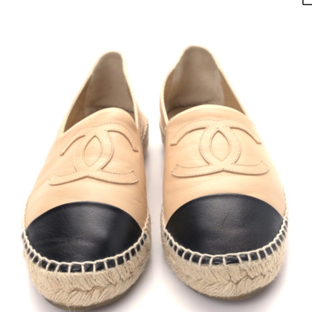 CHANEL BLACK LAMBSKIN ESPADRILLE RUBBER SOLE TOE CAP SHOES